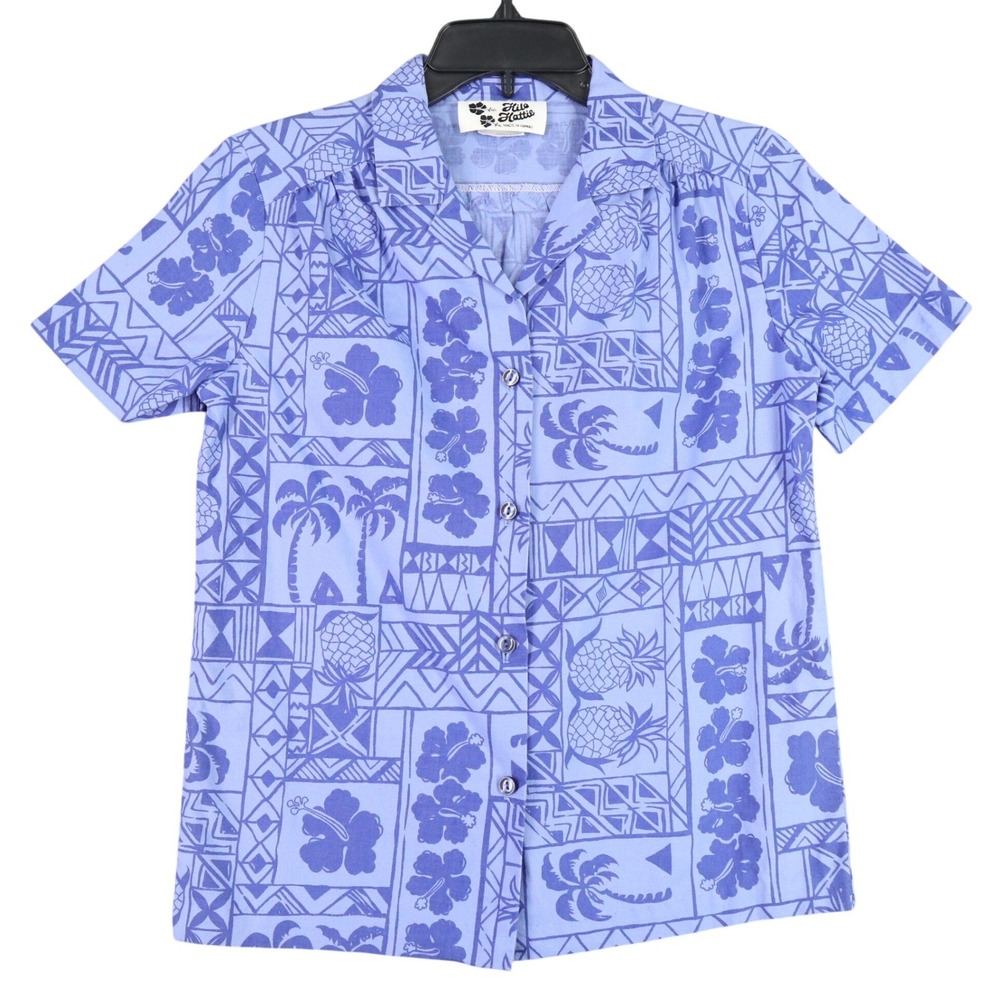 Vintage 90s Hilo Hattie Youth S Hawaiian Aloha Shirt Purple Tropical Cotton